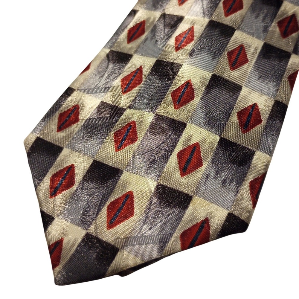 Towncraft Mens Geometric Diamond Checkered Necktie Silver Grey Red Made in USA